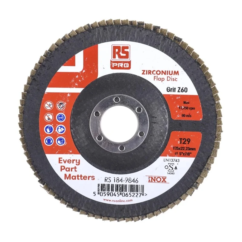 RS PRO Zirconium Flap Disc 125 mm Medium Grade P60 Grit Maximum 12250 RPM Quick Change 5 Per Pack 184-9846
