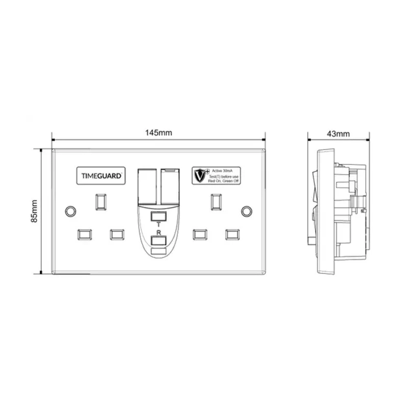 Timeguard 30A Active 1 Gang RCD Socket Plastic Surface Switched BS1363-2 CE BS7288 230V ac RCD05WAVN