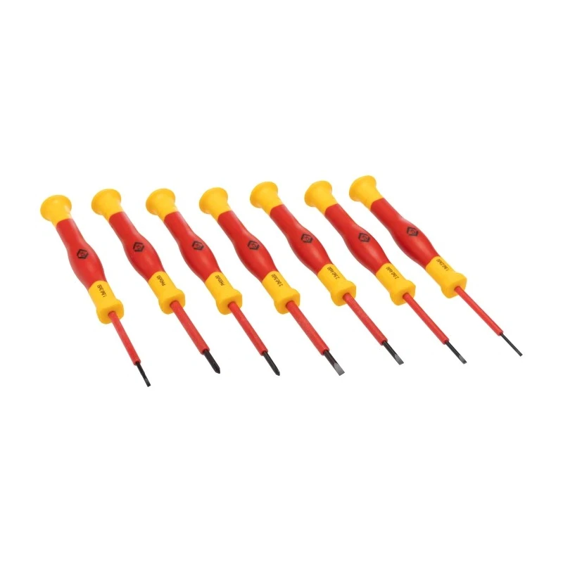 CK Slotted Precision Screwdriver Set, 7-Piece, VDE Compliant, Slotted Tips 1.5-3 mm, PH00/PH0 Phillips, Taiwan T4897