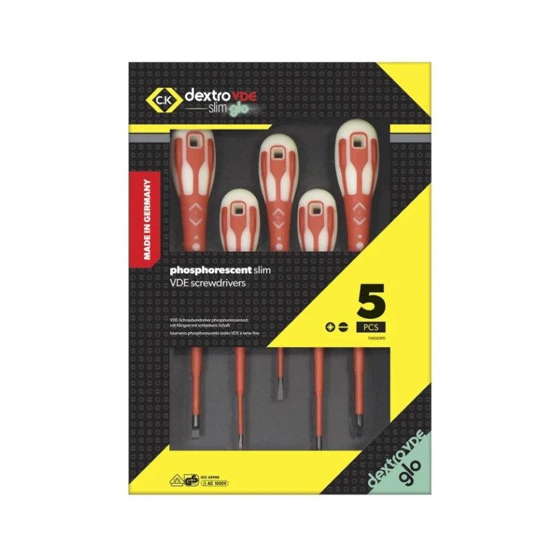 CK Insulated Pozidriv Screwdriver Set, 5-Piece, Slim Shaft, VDE Approved, German Made T49283PD
