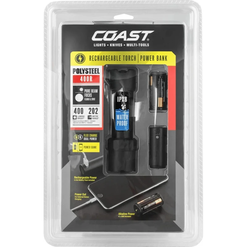 Coast Rechargeable LED Torch 300 lm, IPX8 Waterproof, 4x AAA Batteries, 146 mm Polysteel 400R