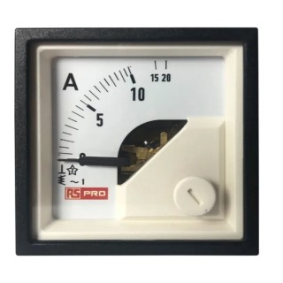 RS PRO Analogue Panel Ammeter 20 A AC, 45 mm x 45 mm, 1 % Meter Accuracy, Moving Iron 186-2422