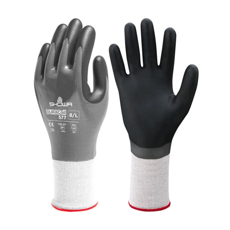Showa Grey HPPE, Polyester Cut Resistant Work Gloves Size 8 with Nitrile Foam Coating SHO577