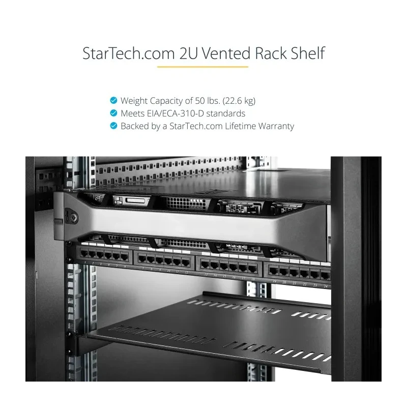 StarTech.com Black Vented Rack Shelf 2U, Steel, 22.6kg Load Capacity, 16mm x 410mm, Black Finish CABSHELFV