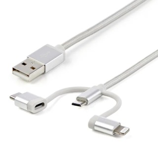 StarTech.com USB 2.0 Male USB Type A to Male Lightning Connector, Micro USB Type B and USB Type C Cable, Braided LTCUB1MGR