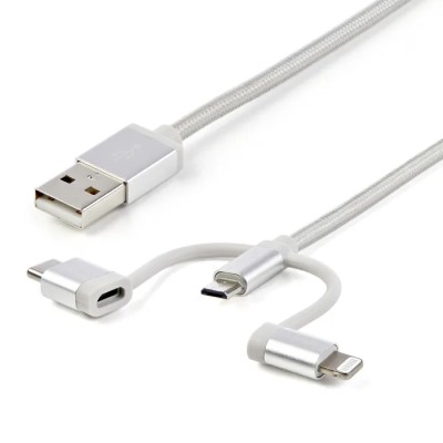 StarTech.com USB 2.0 Male USB Type A to Male Lightning Connector, Micro USB Type B and USB Type C Cable, Braided LTCUB1MGR