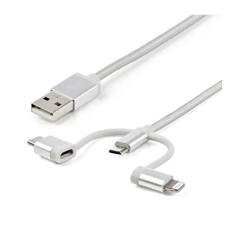 StarTech.com USB 2.0 Male USB Type A to Male Lightning Connector, Micro USB Type B and USB Type C Cable, Braided LTCUB1MGR