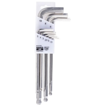 Bahco 9 Piece L Metric Hex Key Set Stainless Steel Long Arm Hex Ball End 1.5 to 10 mm BE-9770I