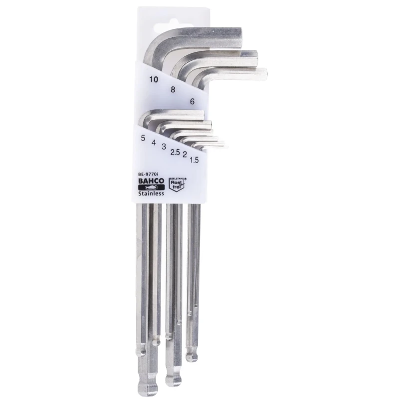 Bahco 9 Piece L Metric Hex Key Set Stainless Steel Long Arm Hex Ball End 1.5 to 10 mm BE-9770I
