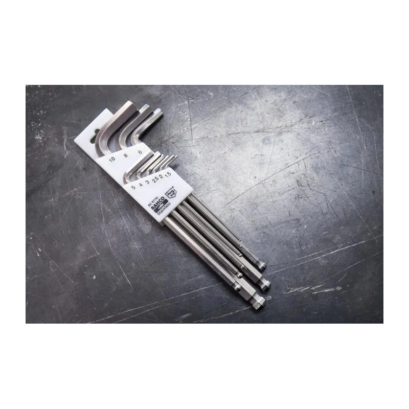 Bahco 9 Piece L Metric Hex Key Set Stainless Steel Long Arm Hex Ball End 1.5 to 10 mm BE-9770I