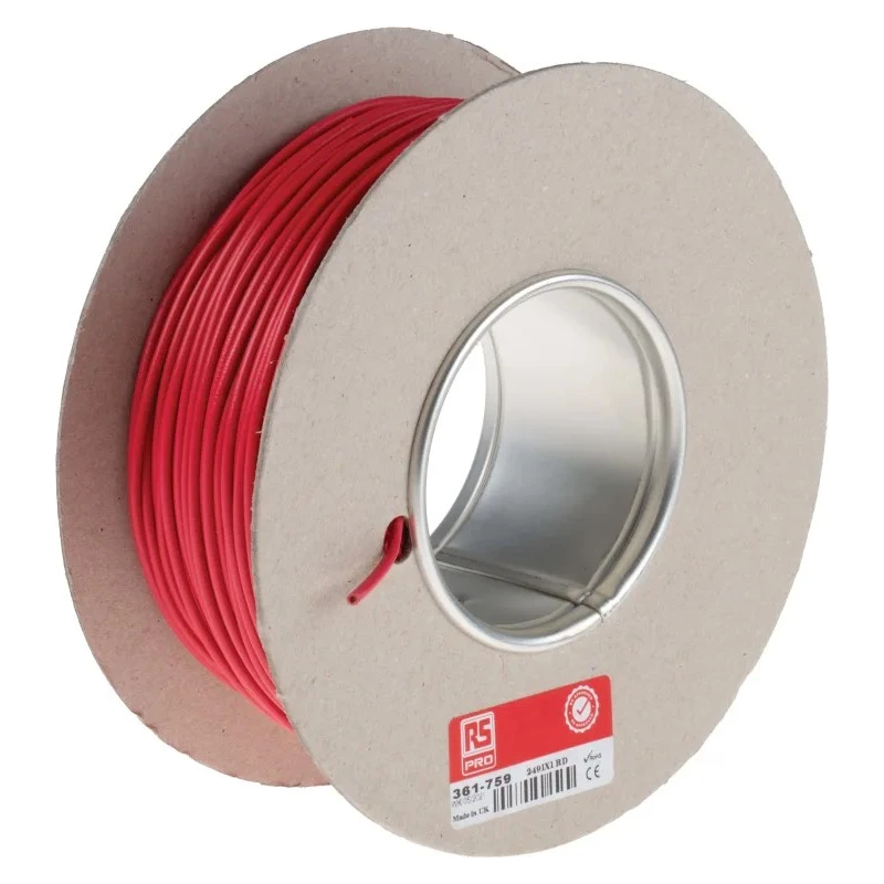 RS PRO 2491X Series Red Hook Up Wire 17 AWG 32/0.2 mm Core Strands 100 m Polyvinyl Chloride Jacket 500V 70°C 361-759
