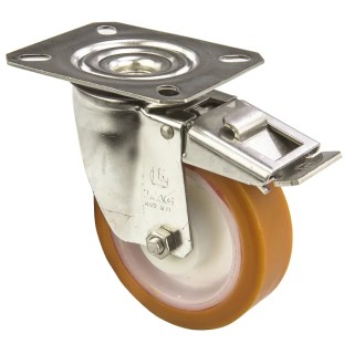 LAG Braked Swivel Castor, Stainless Steel Frame, Polyurethane Wheel, 150 kg Load Capacity, 100 mm Diameter 19105 FR