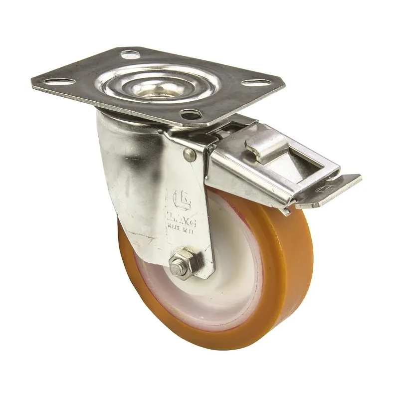 LAG Braked Swivel Castor, Stainless Steel Frame, Polyurethane Wheel, 150 kg Load Capacity, 100 mm Diameter 19105 FR