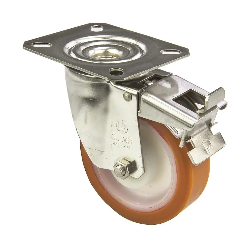 LAG Braked Swivel Castor, Stainless Steel Frame, Polyurethane Wheel, 150 kg Load Capacity, 100 mm Diameter 19105 FR