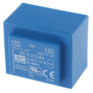 Block 24 V ac 2 Output Pin PCB Transformer 16 VA, ENEC 10 (VDE), C-UL-US VC 5/2/24
