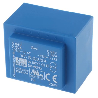 Block 24 V ac 2 Output Pin PCB Transformer 16 VA, ENEC 10 (VDE), C-UL-US VC 5/2/24
