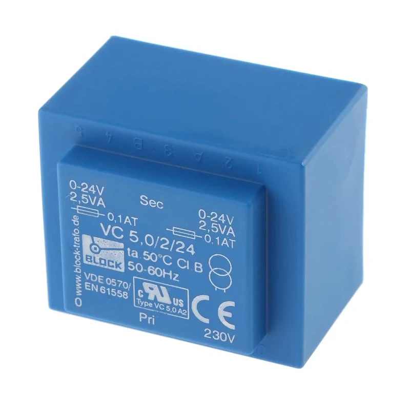 Block 24 V ac 2 Output Pin PCB Transformer 16 VA, ENEC 10 (VDE), C-UL-US VC 5/2/24