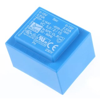 Block PCB Transformer 2 x 15 V ac 2 Output Pin, 230 V ac Primary, 5VA, IEC 61558-2-6, VDE, cURus, UL 5085-1/-2 VC 5/2/15