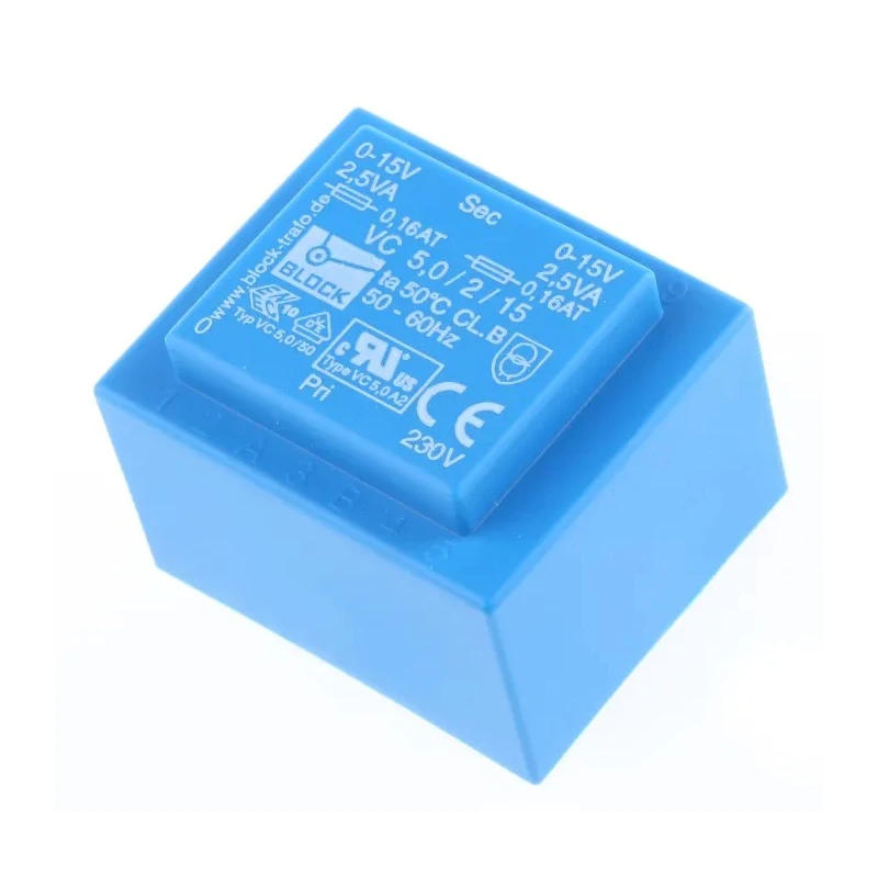 Block PCB Transformer 2 x 15 V ac 2 Output Pin, 230 V ac Primary, 5VA, IEC 61558-2-6, VDE, cURus, UL 5085-1/-2 VC 5/2/15
