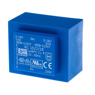 Block PCB Transformer 2 x 18 V AC 230 V AC Primary 10VA Pin Mount VC 10/2/18