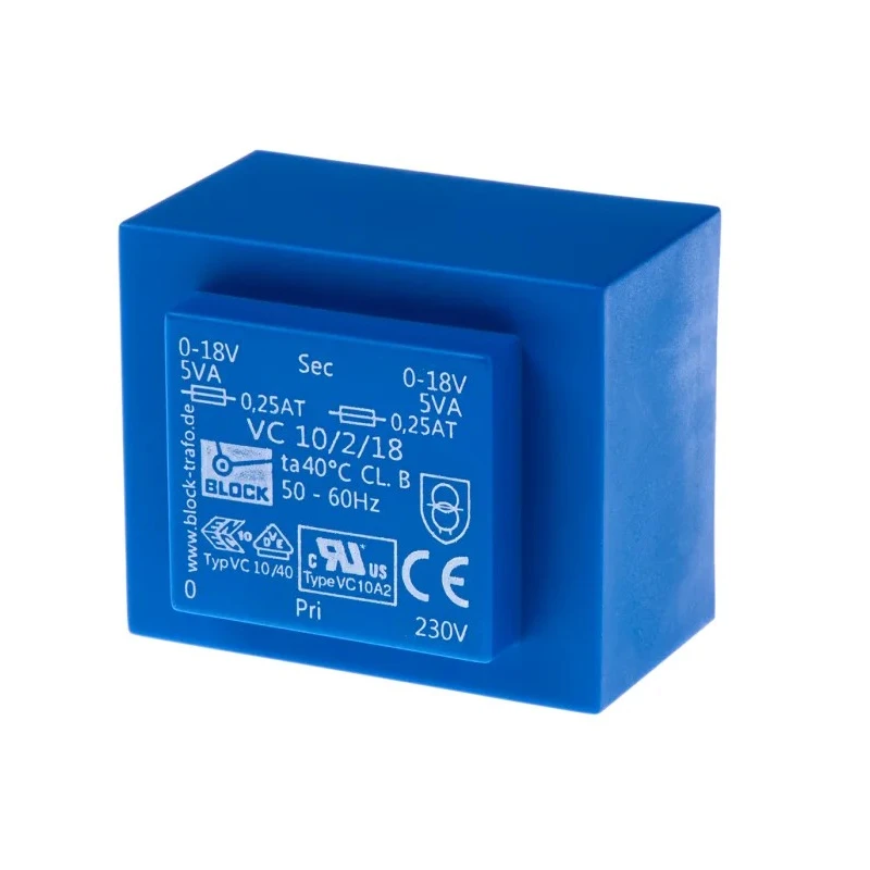 Block PCB Transformer 2 x 18 V AC 230 V AC Primary 10VA Pin Mount VC 10/2/18