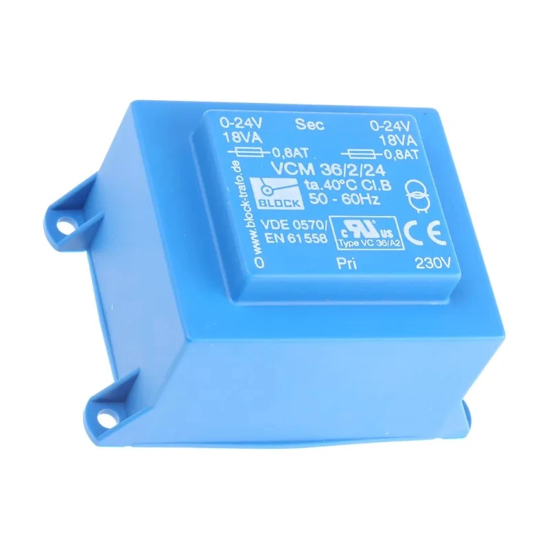 Block 36 VA 230 V ac Primary 24 V ac Dual Output Through Hole PCB Transformer VCM 36/2/24