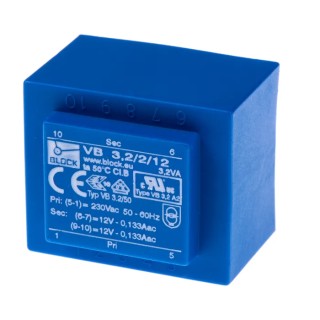 Block PCB Transformer 3.2VA, 12 V ac Secondary, 230 V ac Primary, Pin Mount, 10 Pins VB 3.2/2/12