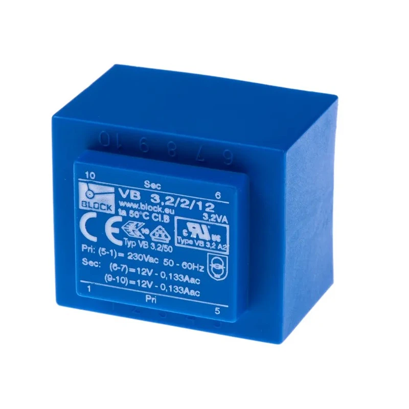 Block PCB Transformer 3.2VA, 12 V ac Secondary, 230 V ac Primary, Pin Mount, 10 Pins VB 3.2/2/12