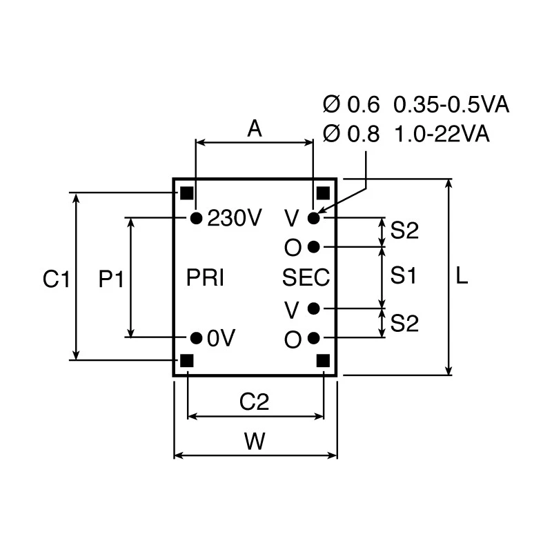 Block PCB Transformer 3.2VA, 12 V ac Secondary, 230 V ac Primary, Pin Mount, 10 Pins VB 3.2/2/12