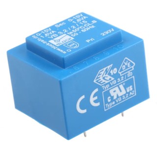 Block PCB Transformer 6 to 2 x 24 V ac 2 Output Pin, 3.2VA, Pin Mount, EN 61558-2-1 VB 3.2/2/15