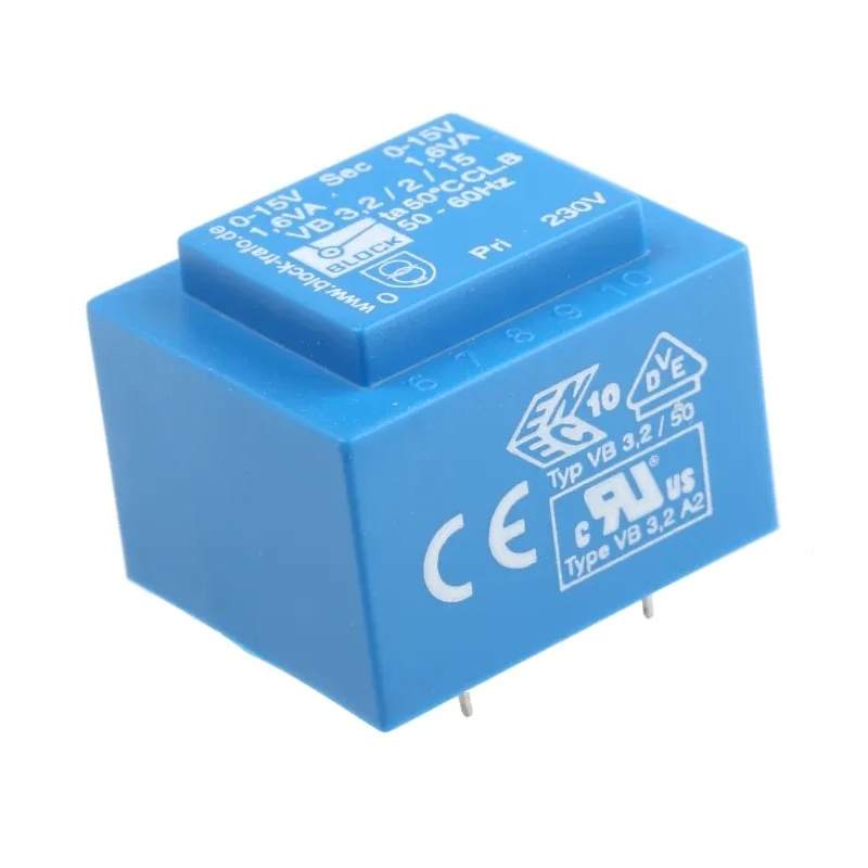 Block PCB Transformer 6 to 2 x 24 V ac 2 Output Pin, 3.2VA, Pin Mount, EN 61558-2-1 VB 3.2/2/15