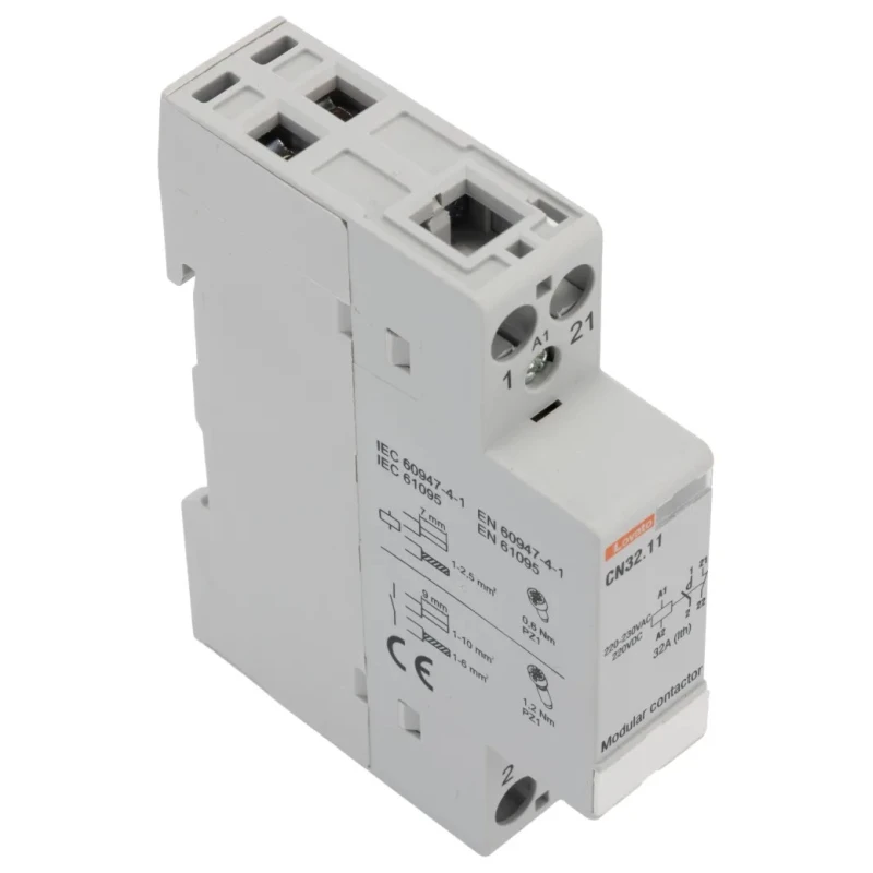 Lovato Electric CN Contactor with 220V AC Coil Voltage, 1-Pole, 32 A Contact Current, 1 NO/1 NC Auxiliary Contact CN3211220