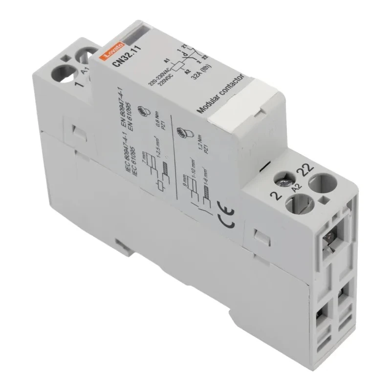 Lovato Electric CN Contactor with 220V AC Coil Voltage, 1-Pole, 32 A Contact Current, 1 NO/1 NC Auxiliary Contact CN3211220