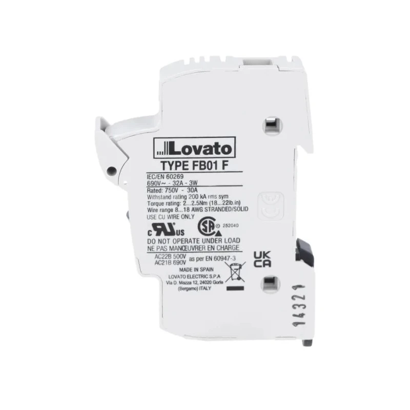 Lovato Electric 32A Rail Mount Fuse Holder for 10 x 38 mm Fuse Size, 1P-Pole, 690V ac FB01F1P