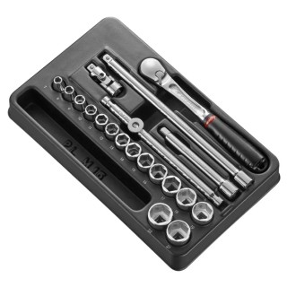 Facom 20-Piece 3/8 in 6 Point Socket Set, Chrome Vanadium Steel, Bright Chrome Finish MOD.JL161-36