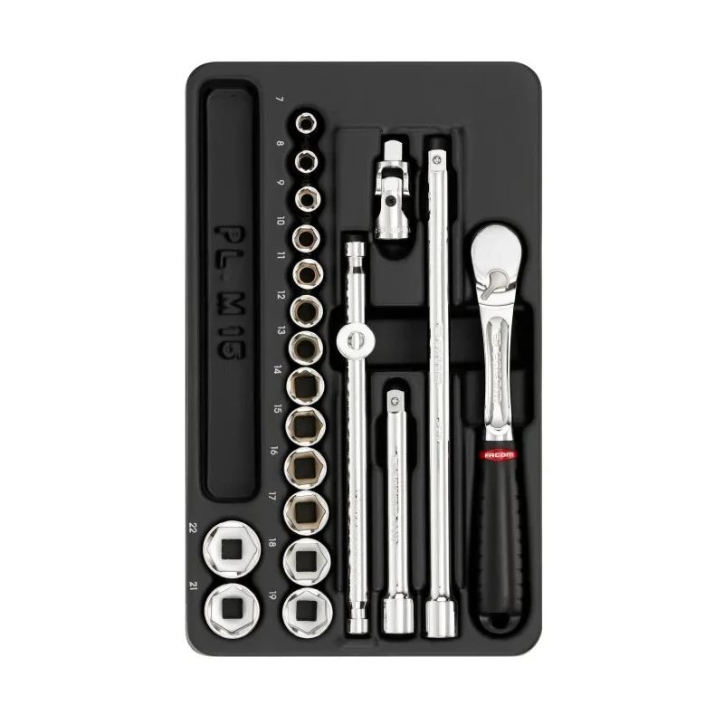 Facom 20-Piece 3/8 in 6 Point Socket Set, Chrome Vanadium Steel, Bright Chrome Finish MOD.JL161-36
