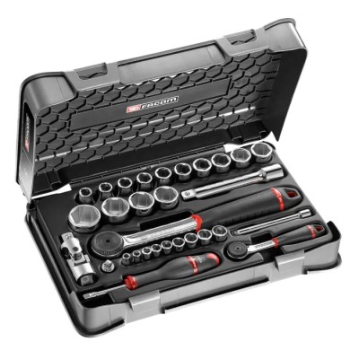 Facom 30-Piece 1/2 in, 1/4 in 6 Point Socket Set RS.161-1PB Chrome Vanadium Steel with Ergonomic Bi-Material Handles