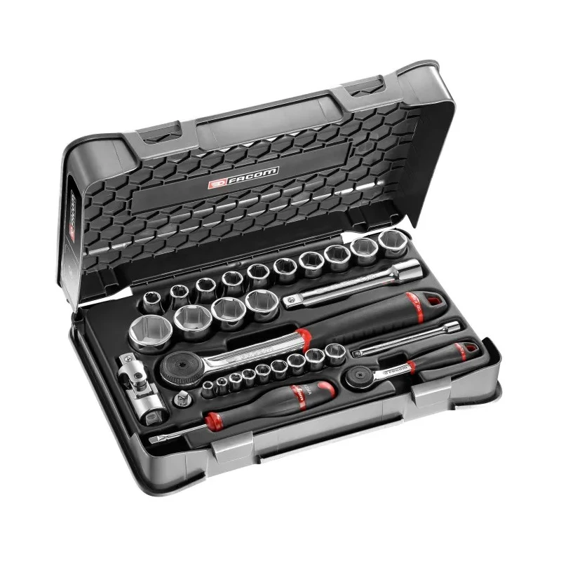 Facom 30-Piece 1/2 in, 1/4 in 6 Point Socket Set RS.161-1PB Chrome Vanadium Steel with Ergonomic Bi-Material Handles