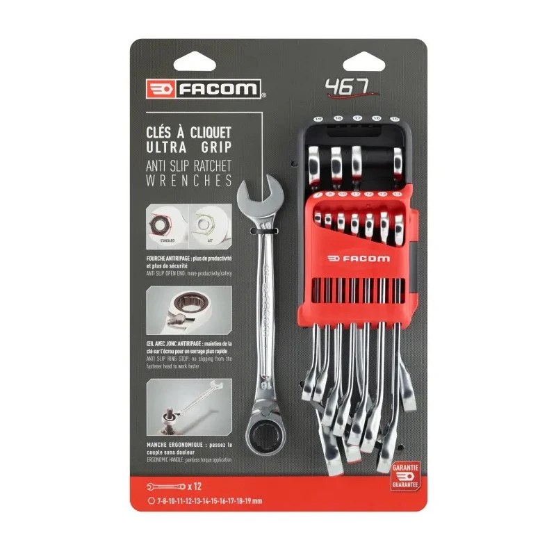 Facom 12-Piece Metric and Inch Combination Spanner Set 7 to 19 mm 467B.JP12PB