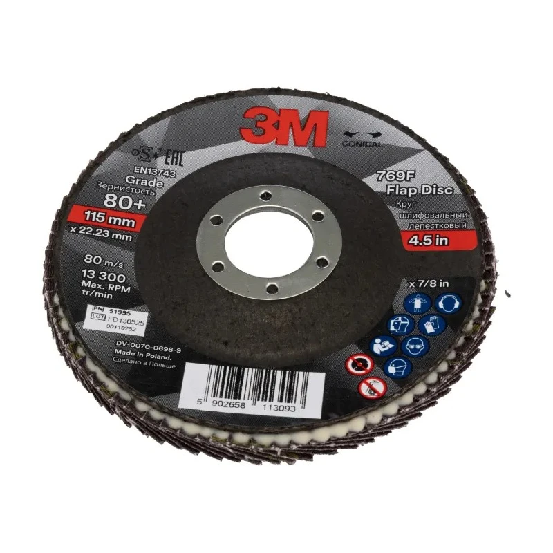 3M Zirconia Aluminium Flap Disc, 115 mm Diameter, Fine Grade P80 Grit, Polyester Backing, Model 7100196789