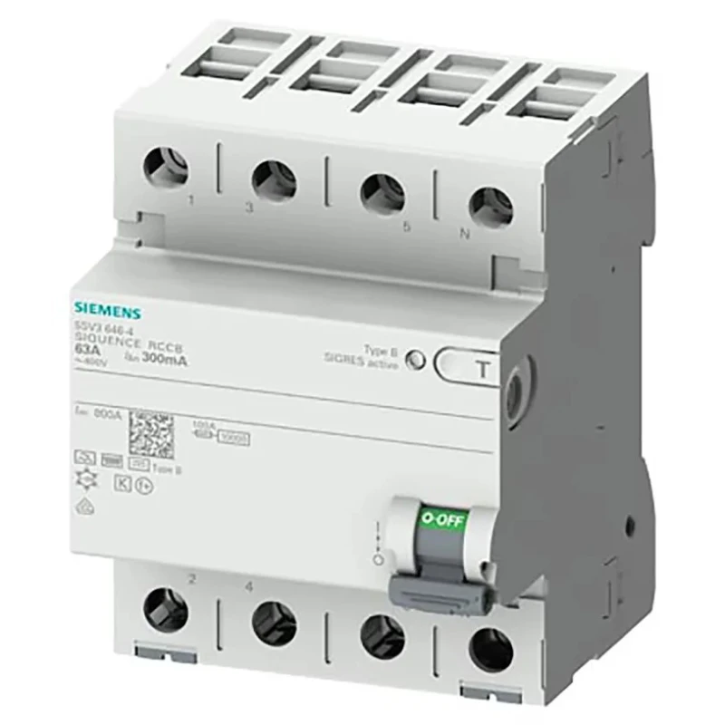 Siemens 5SV3 Series Residual Current Circuit Breaker 30mA 3+N-Pole Type B 10 kA 60 V dc 400V ac 5SV3346-4