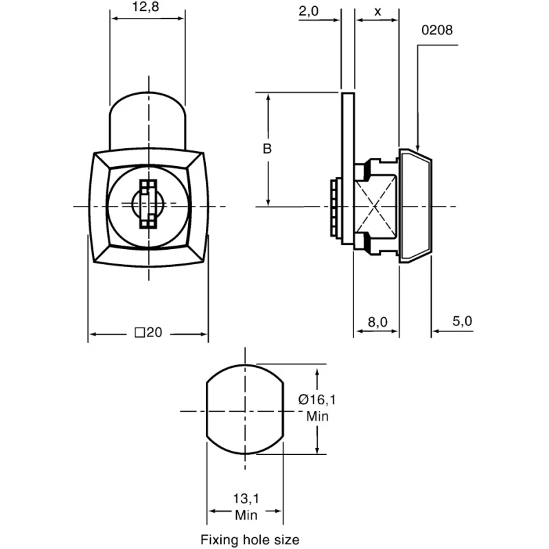 Euro-Locks a Lowe & Fletcher group Company Mini Square-head Camlock 8mm Panel to Tongue with Key Unlock 0207012