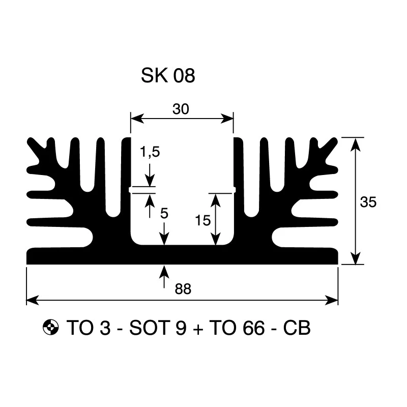 Fischer Elektronik Heatsink Black Anodised Aluminium 2.3°C/W Thermal Resistance 35 mm Height 50 mm Length 88 mm SK08-50-SA