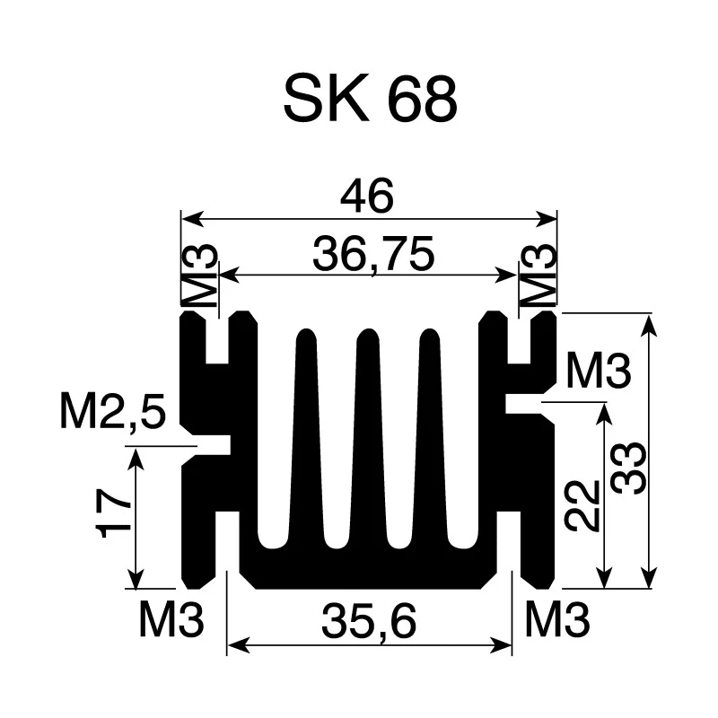 Fischer Elektronik Aluminium Heatsink SK68-75-SA 3.9°C/W Thermal Resistance Black Finish 33 mm x 75 mm x 46 mm