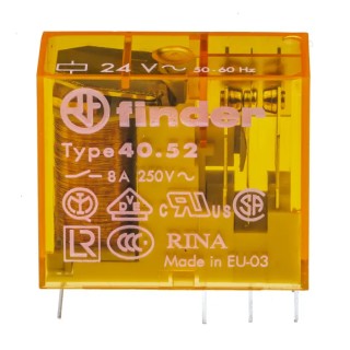 Finder PCB Power Relay 24V AC Coil, 8A Switching Current, DPDT Contact Configuration 40.52.8.024.0000