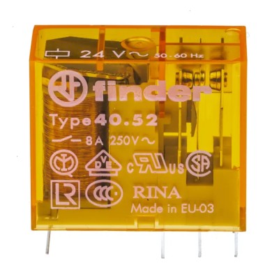 Finder PCB Power Relay 24V AC Coil, 8A Switching Current, DPDT Contact Configuration 40.52.8.024.0000