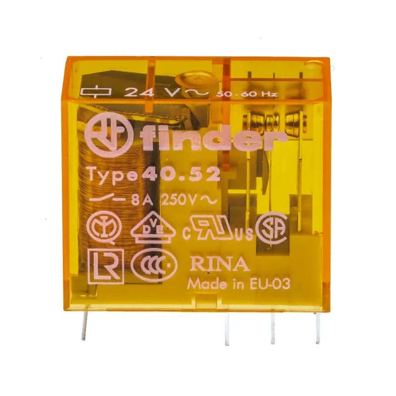 Finder PCB Power Relay 24V AC Coil, 8A Switching Current, DPDT Contact Configuration 40.52.8.024.0000
