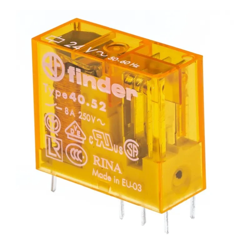 Finder PCB Power Relay 24V AC Coil, 8A Switching Current, DPDT Contact Configuration 40.52.8.024.0000