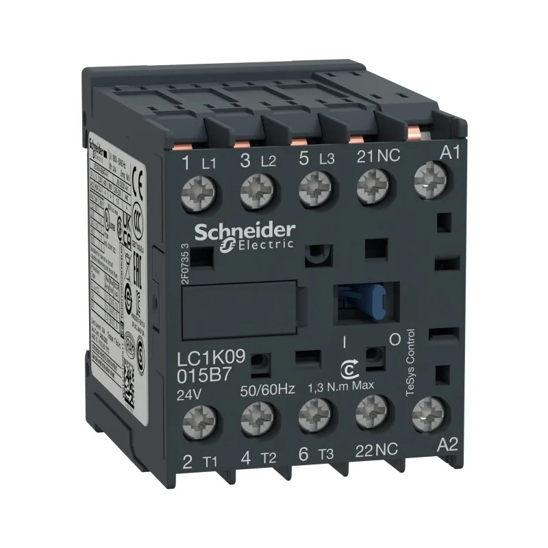 Schneider Electric TeSys K 3-Pole Contactor, 24V AC Coil Voltage, 9A, 4kW Power Rating, 3 NO, 690V AC LC1K09015B7