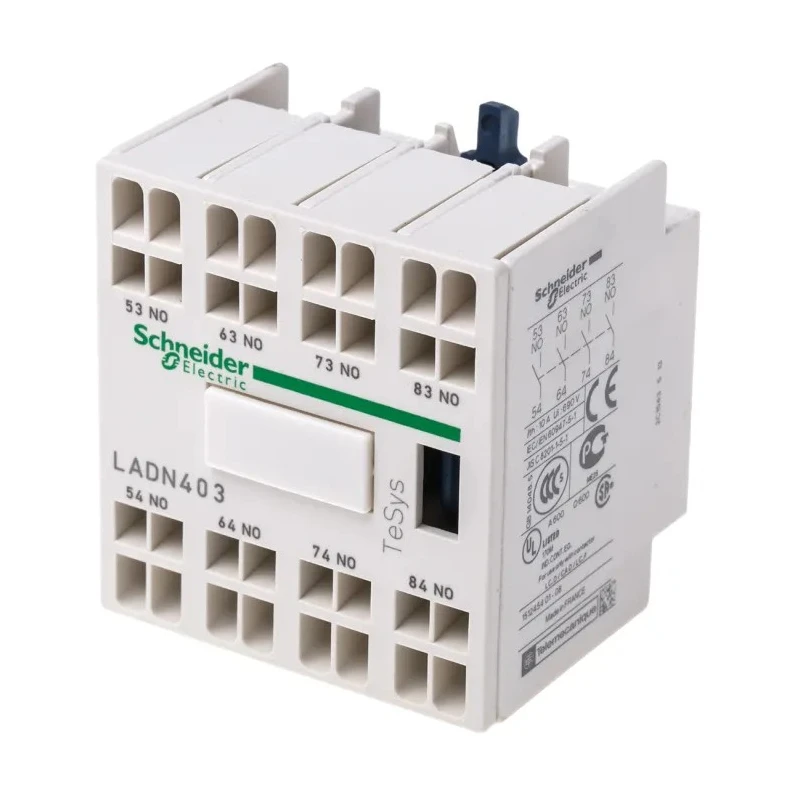 Schneider Electric Auxiliary Contact Block, 4 Contact, 4 NO, TeSys D, Snap-On, 10 A, 690V AC, LADN403